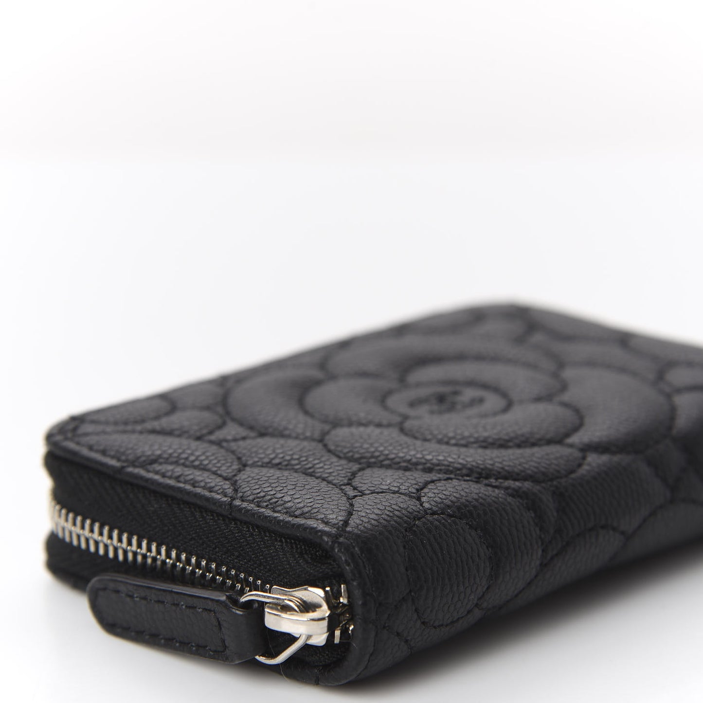 Caviar Camellia Embossed Zip Coin Purse Black