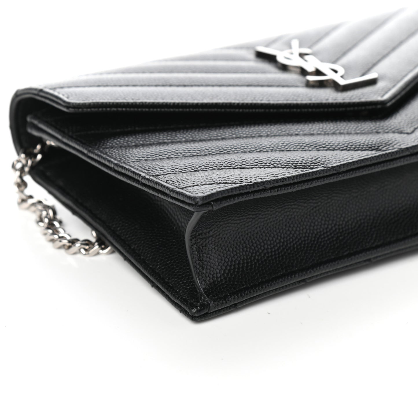 Grain De Poudre Matelasse Chevron Monogram Envelope Chain Wallet Black