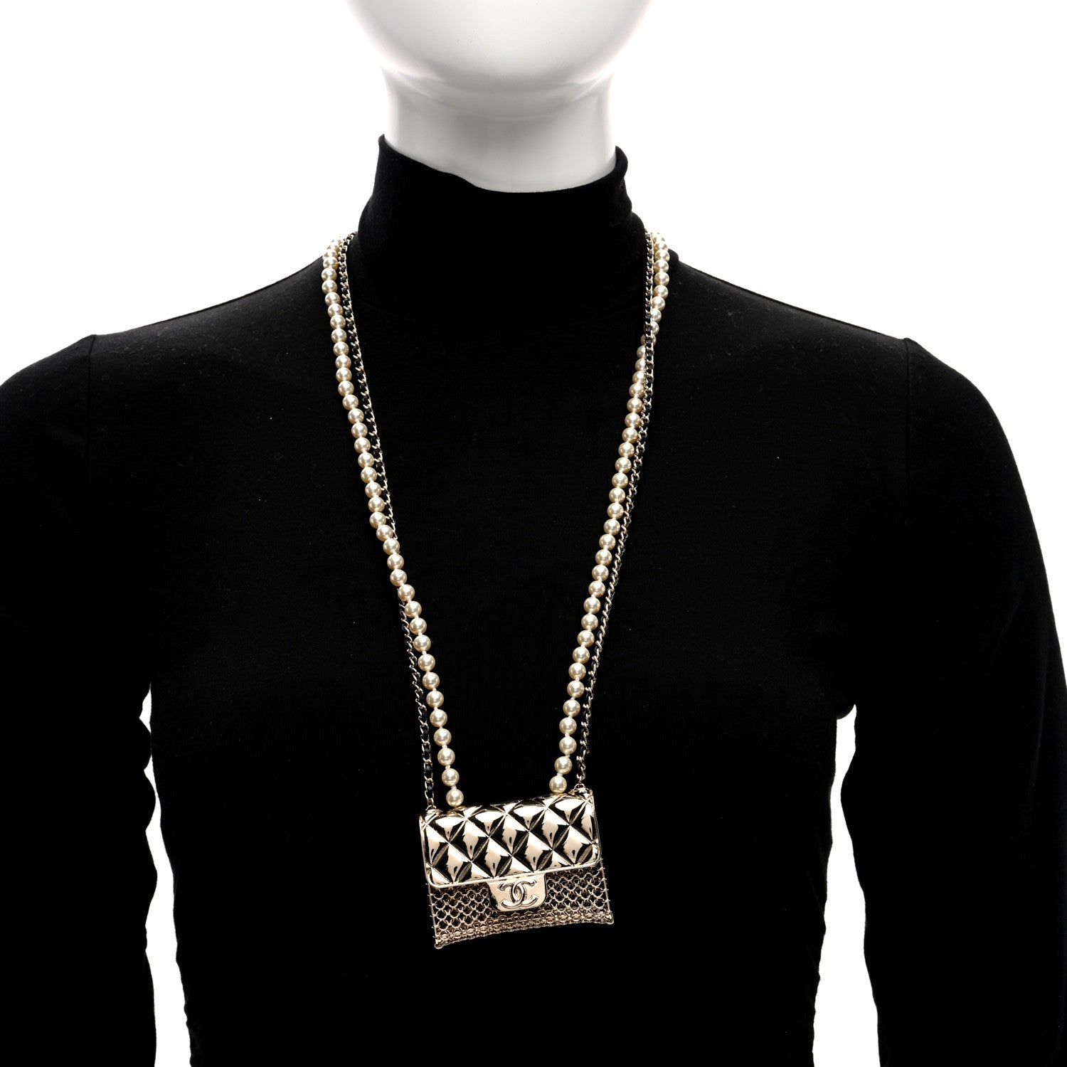 Chanel Metal Lambskin Pearl Chain Flap Bag Long Necklace Gold Black Pearly White 6 of 6