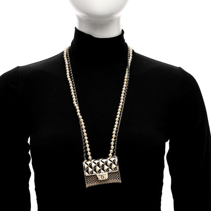 Chanel Metal Lambskin Pearl Chain Flap Bag Long Necklace Gold Black Pearly White 6 of 6
