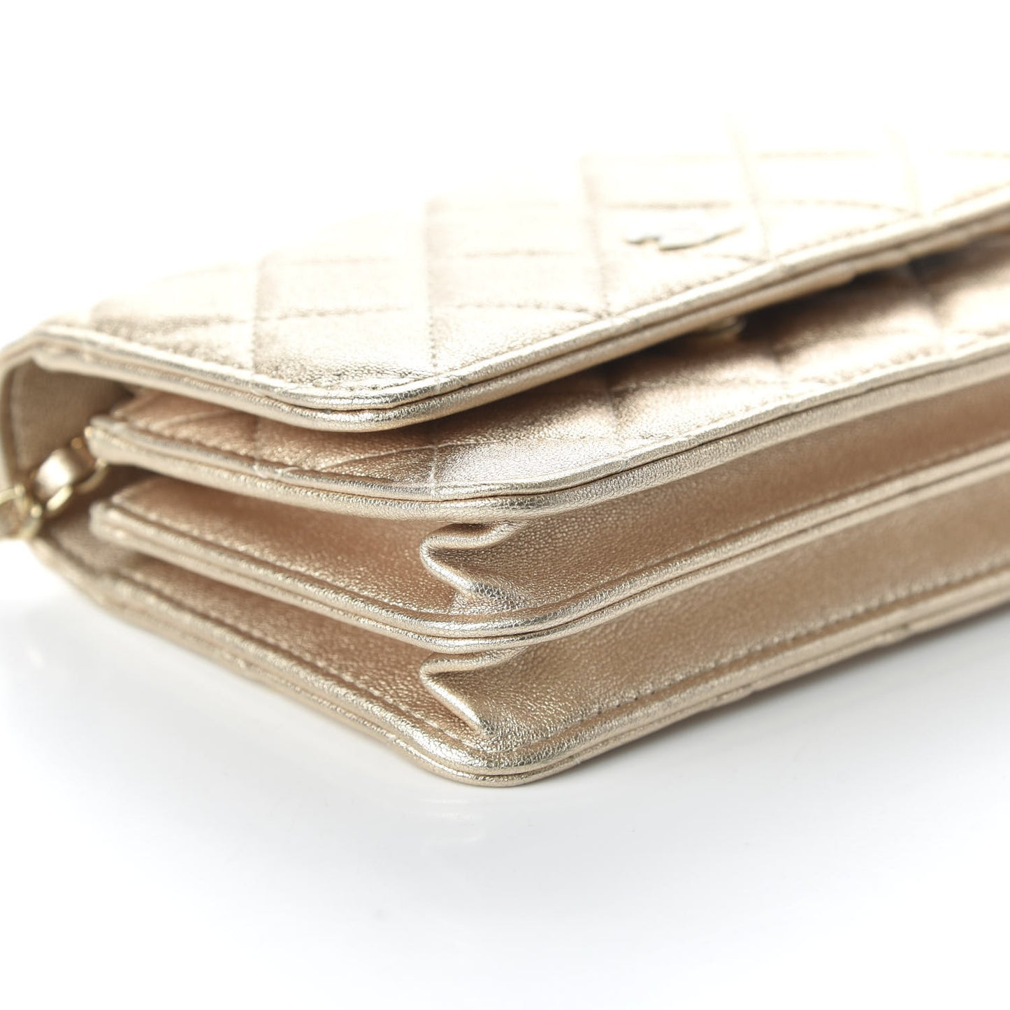 Metallic Lambskin Quilted Mini Wallet On Chain WOC Gold