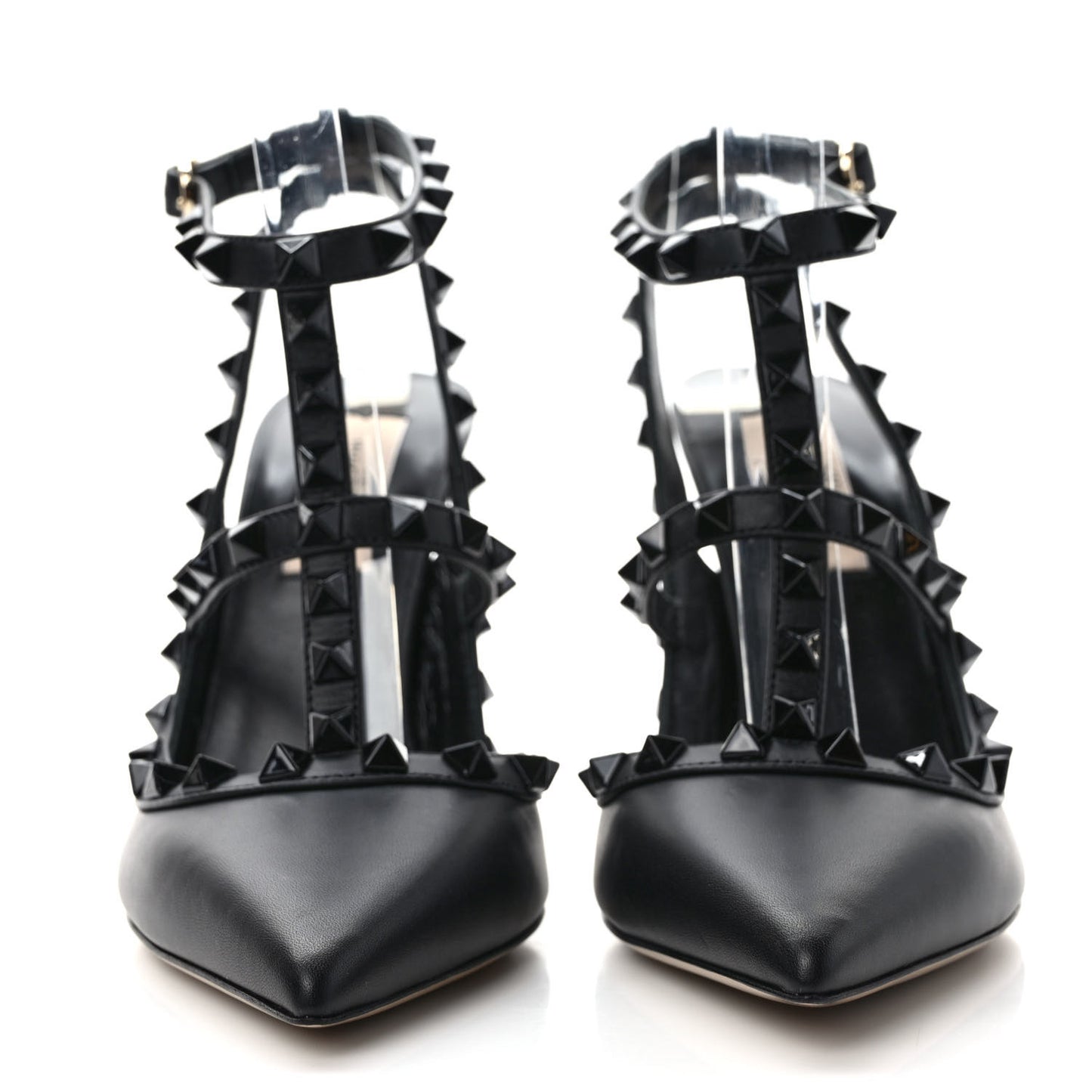 Calfskin Lacquered Monochrome Rockstud Ankle Strap 100mm Pumps 36 Black