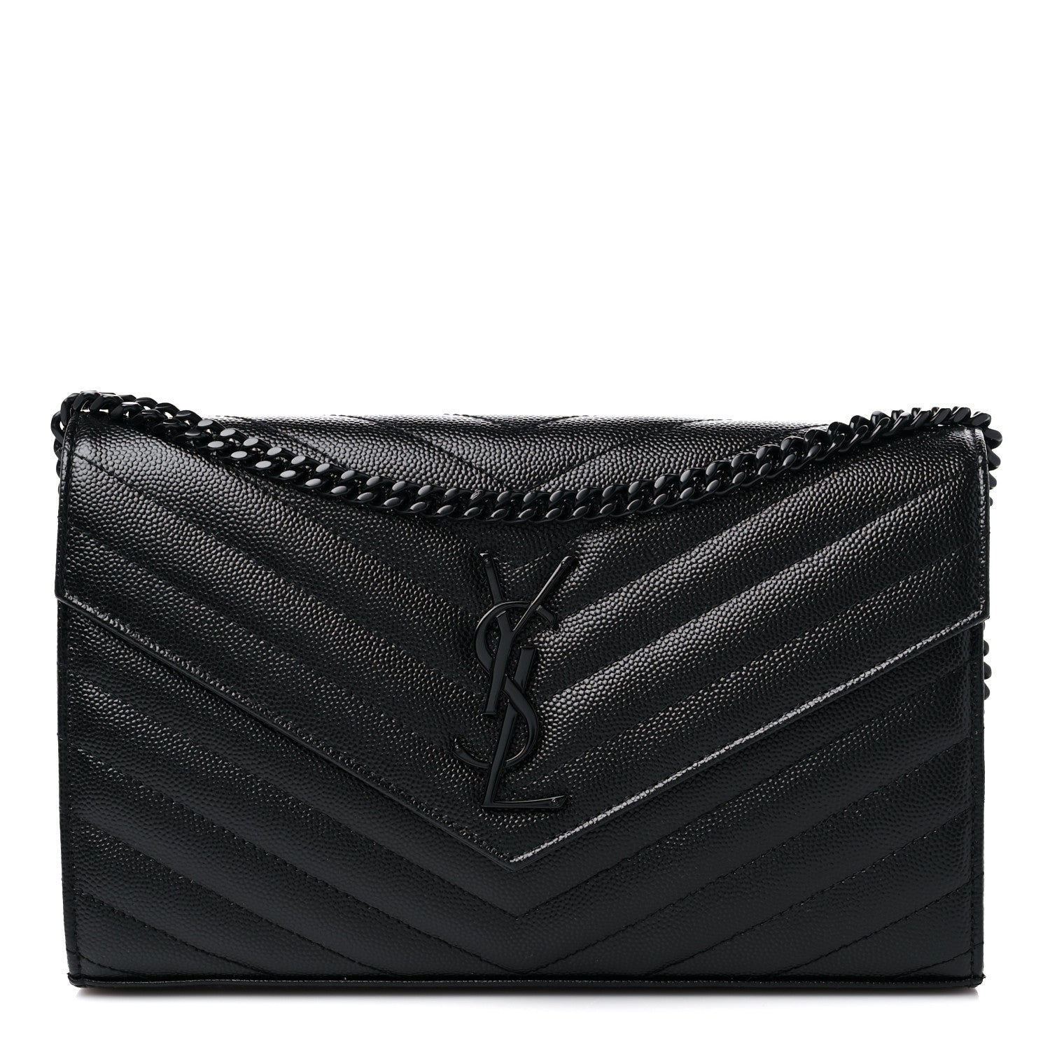 Saint Laurent Grain De Poudre Matelasse Chevron Monogram Monochrome Chain Wallet Black 1 of 9