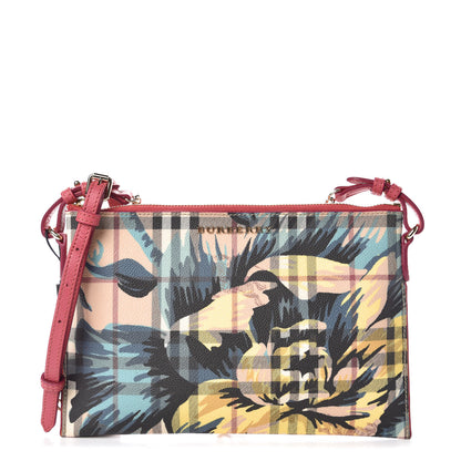 Burberry Haymarket Check Floral Print Peyton Wristlet Plum Pink Pewter Blue 1 of 8