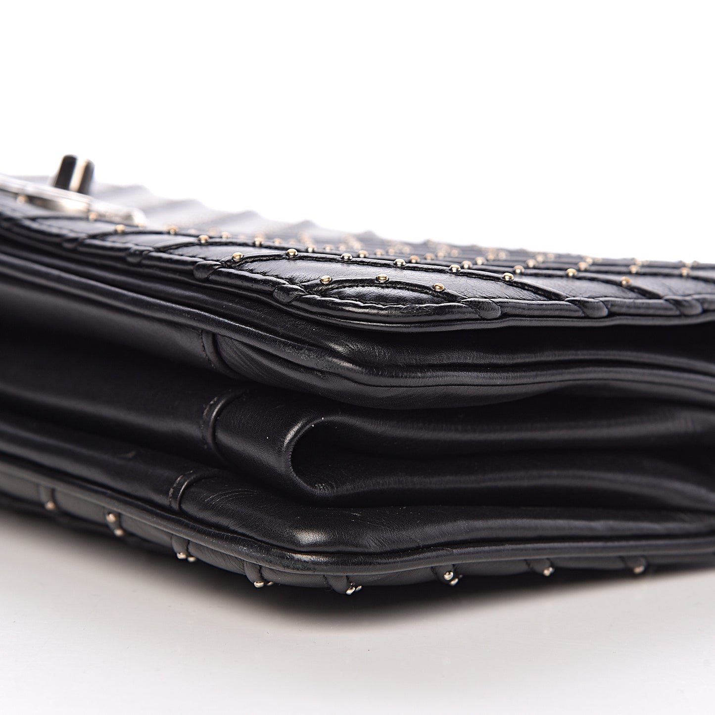 Calfskin Studded Chevron Quilted Flap Black