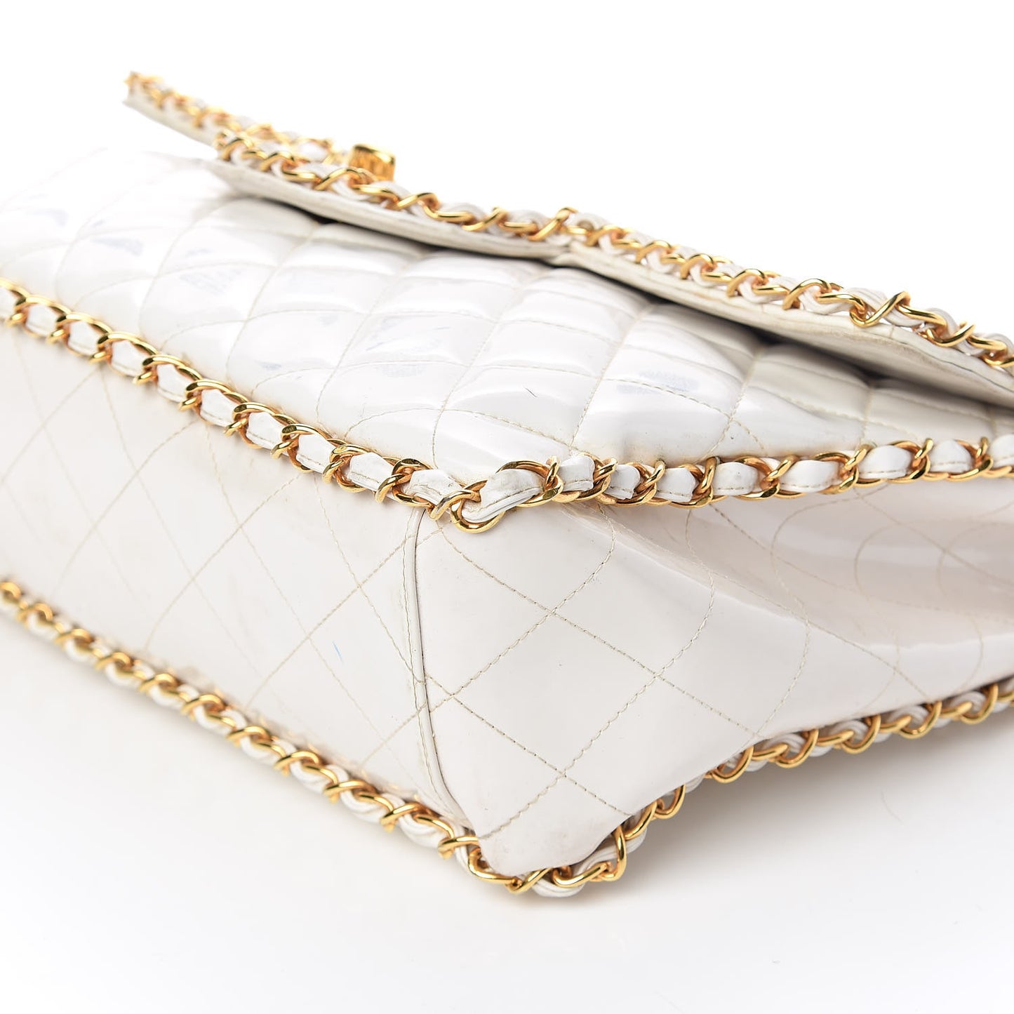 Patent Quilted Jumbo XL Chain Around Flap White
