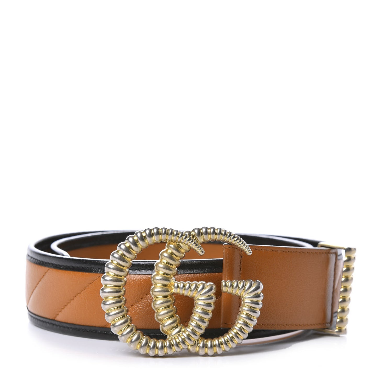 Azalea Calfskin Matelasse Diagonal Torchon Double G 40mm Belt 80 32 Cognac Black