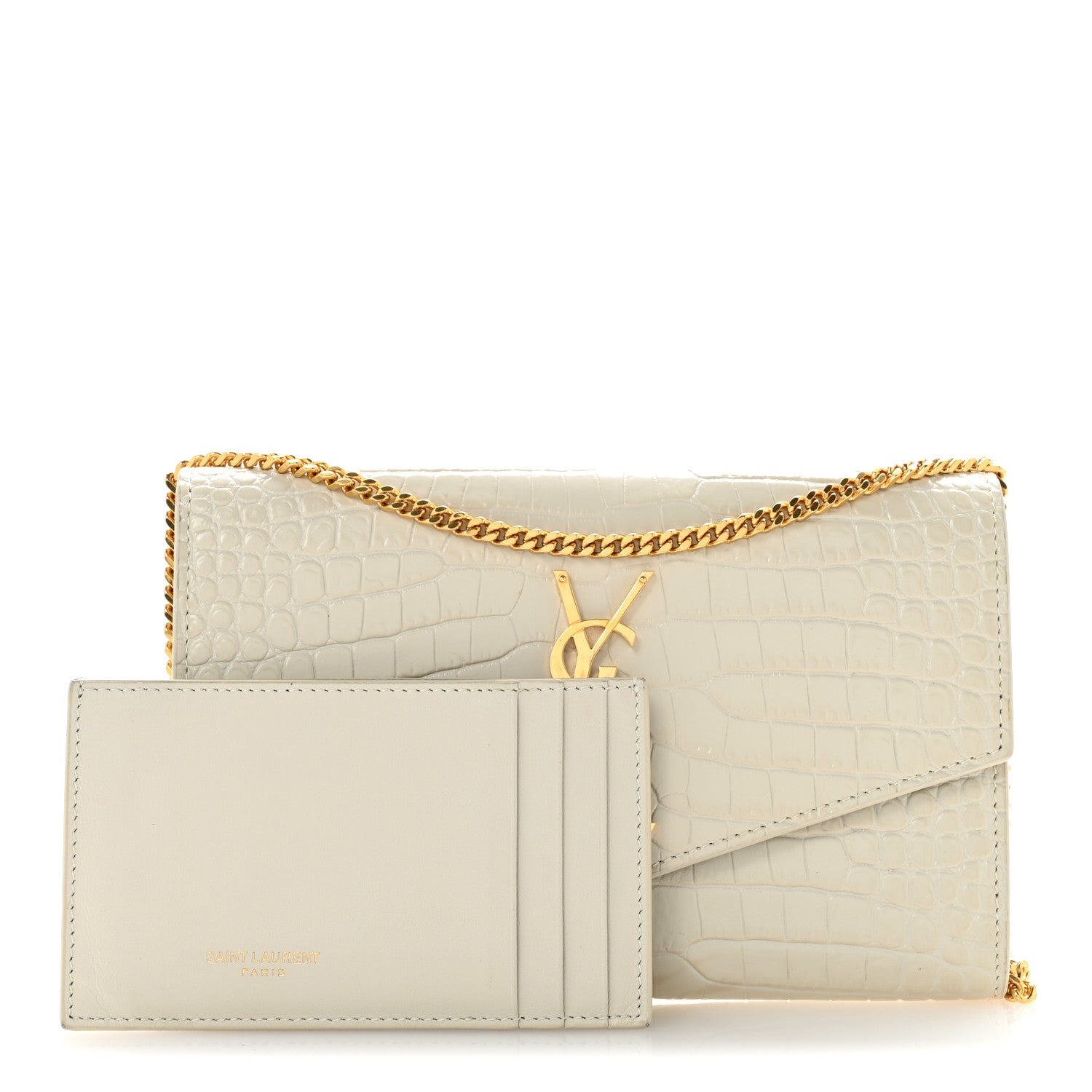 Saint Laurent Calfskin Crocodile Embossed Monogram Uptown Chain Wallet Crema Soft 3 of 14