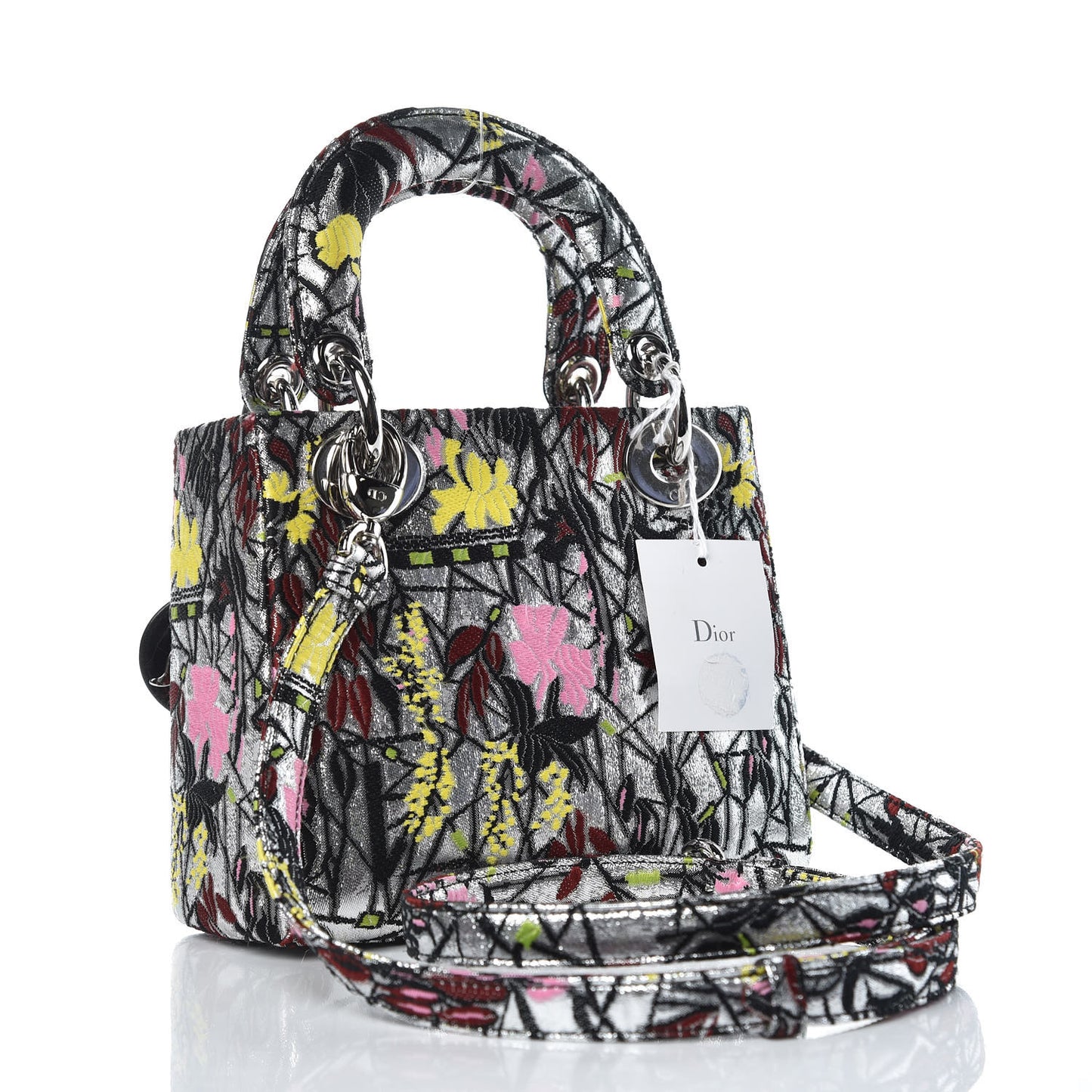 Metallic Canvas Embroidered Mini Lady Dior Argent Multicolor