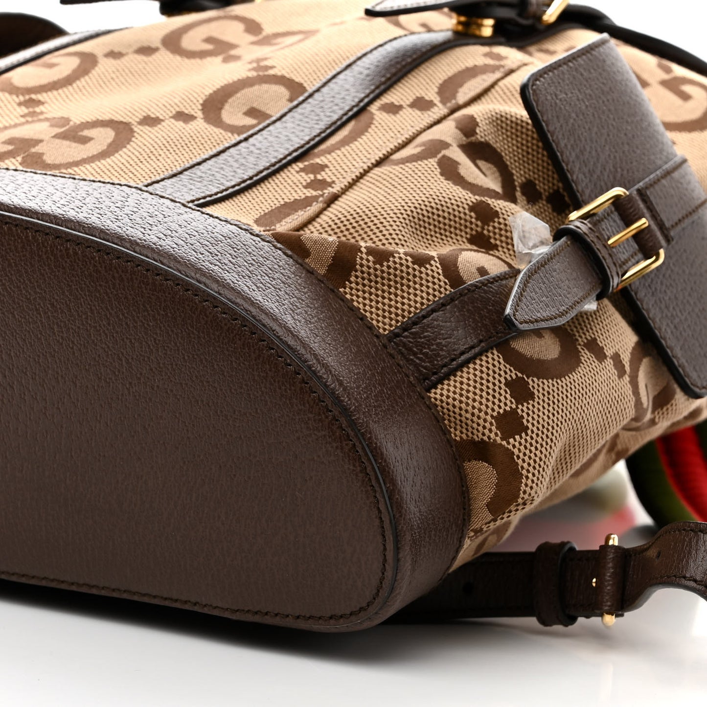 Monogram Jumbo GG Textured Dollar Calfskin Web Double Buckle Backpack Camel Ebony New Acero