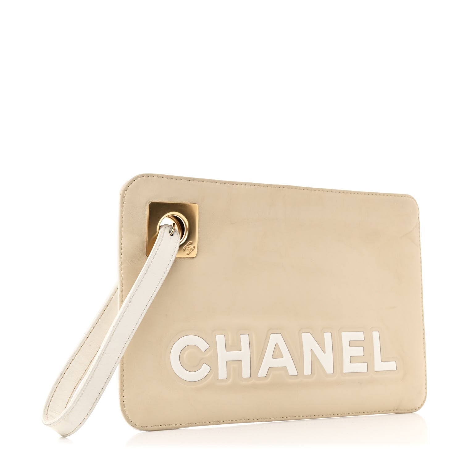 Chanel Lambskin Camellia Logo Clutch Beige White 3 of 9