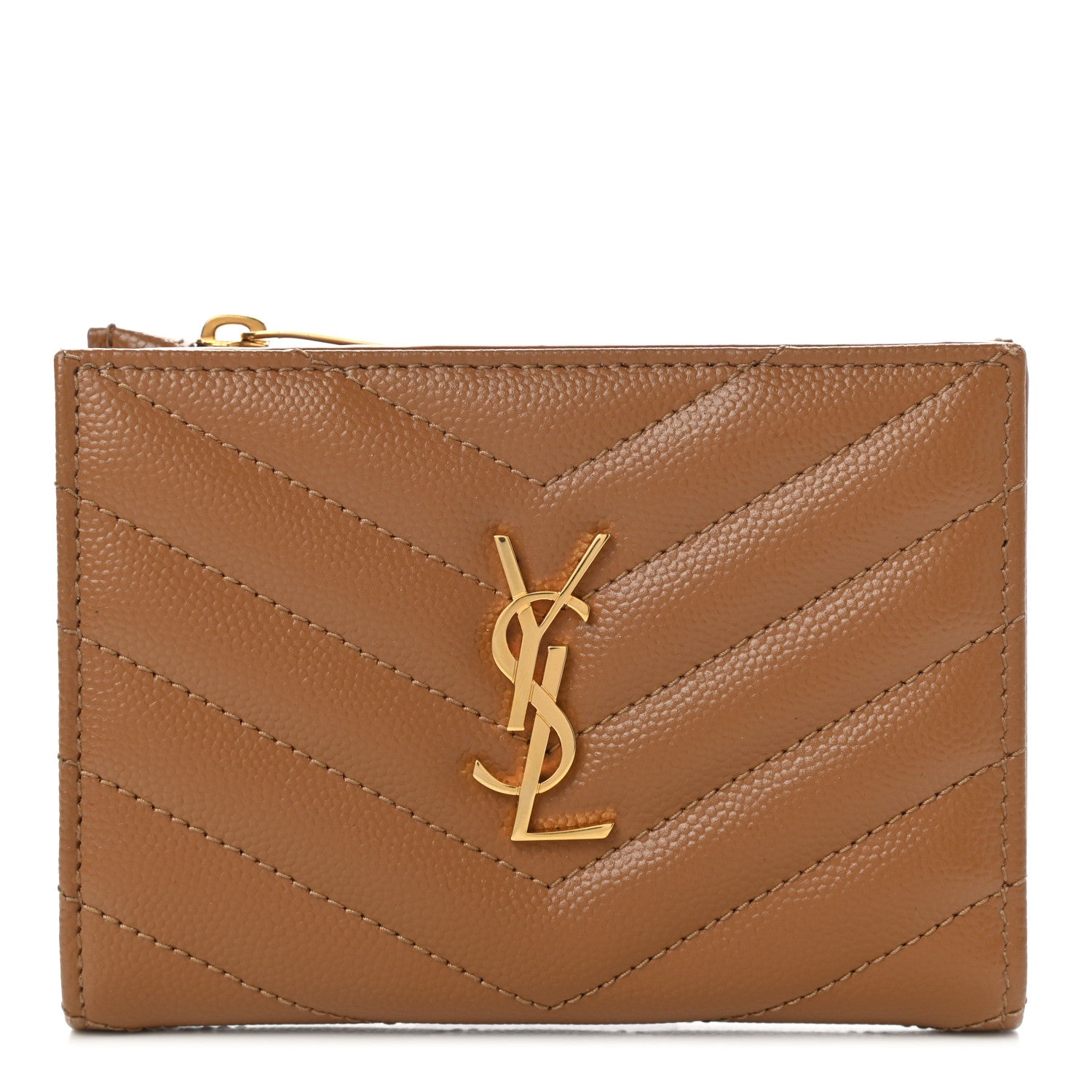 Saint Laurent Grain De Poudre Matelasse Chevron Monogram Zipped Card Case Natural Dark 1 of 7