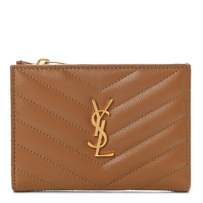 Saint Laurent Grain De Poudre Matelasse Chevron Monogram Zipped Card Case Natural Dark 1 of 7