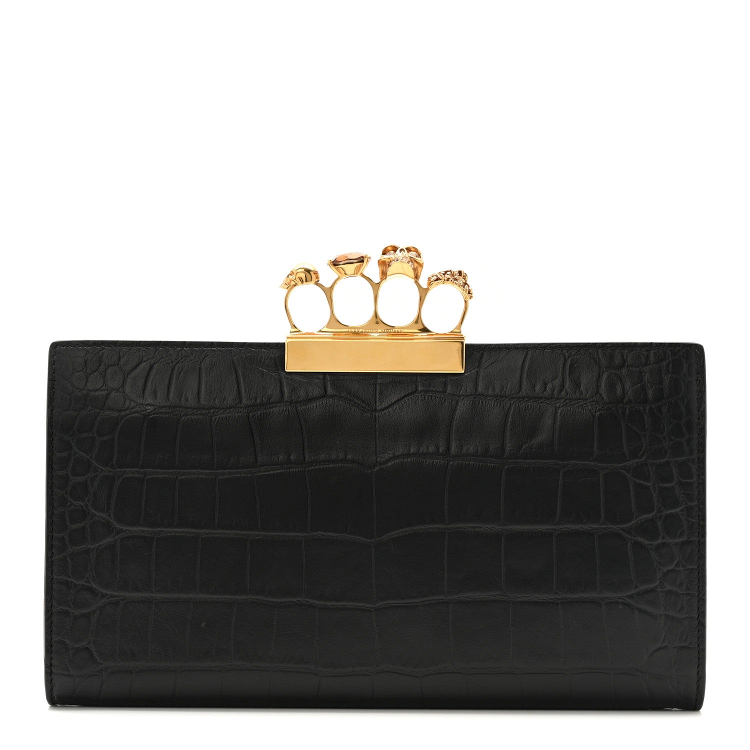 Alexander McQueen Calfskin Crocodile Embossed Knuckle Flat Clutch Black Gold 2 of 16