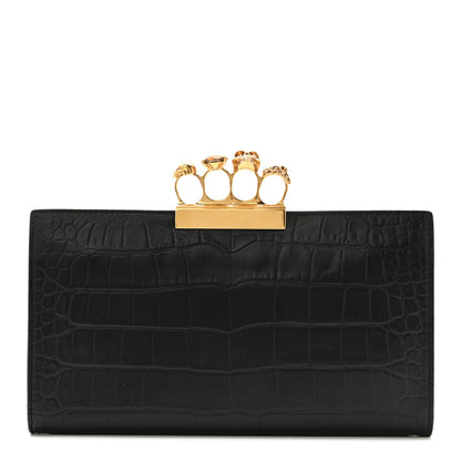 Alexander McQueen Calfskin Crocodile Embossed Knuckle Flat Clutch Black Gold 2 of 16