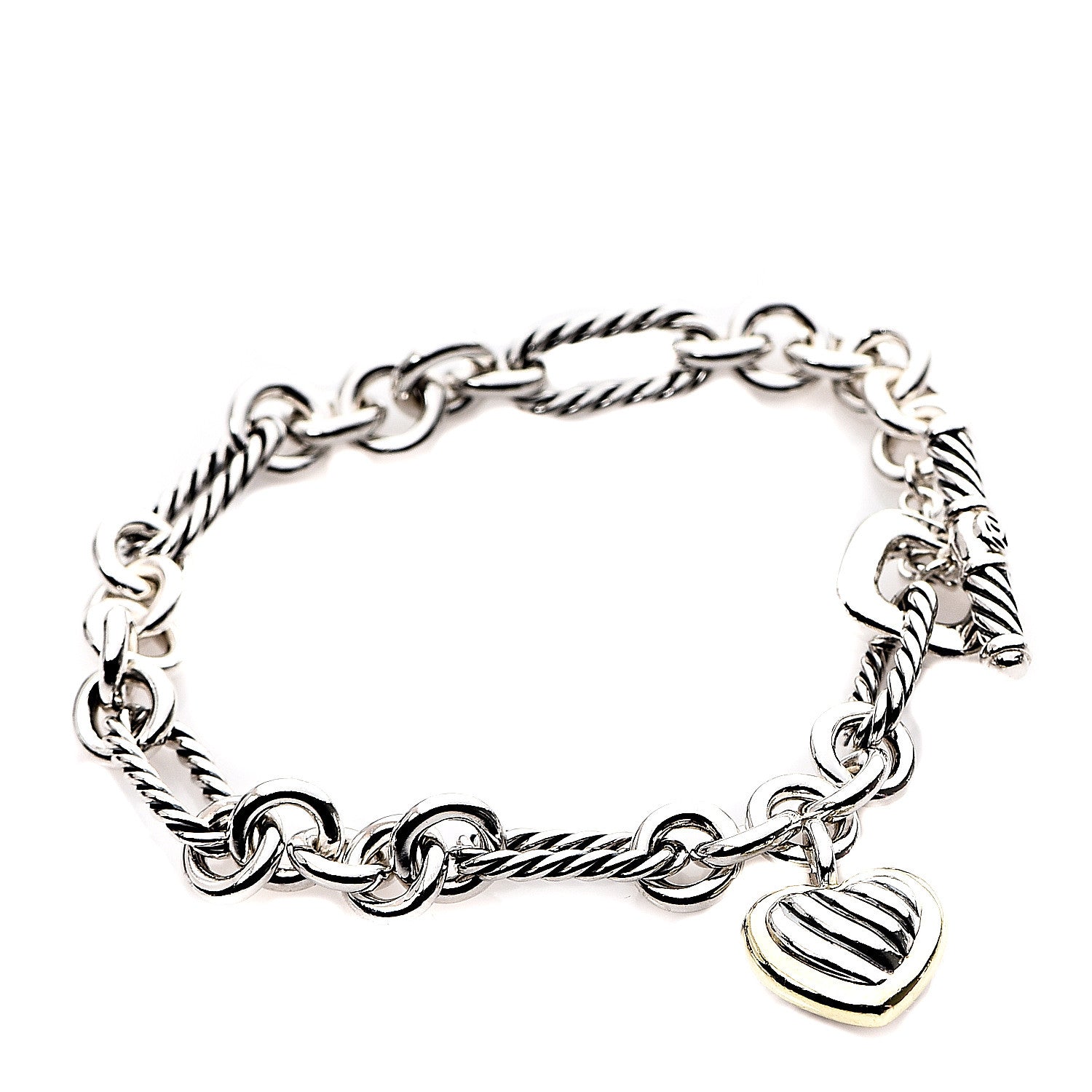 David Yurman Sterling Silver 18K Yellow Gold Cable Heart Charm Bracelet 1 of 3