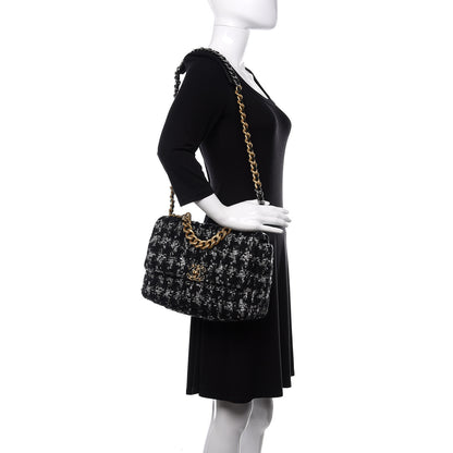 Chanel Tweed Quilted Large 19 Flap Black Ecru White 2 of 9