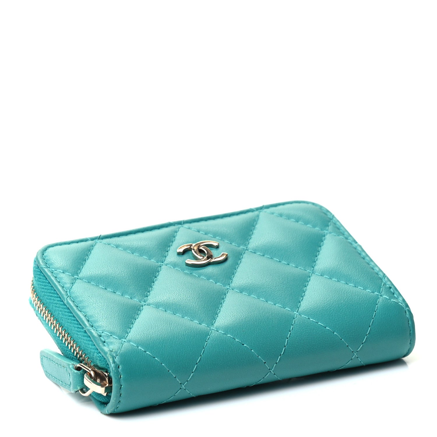 Chanel Lambskin Quilted Zip Around Coin Purse Wallet Turquoise 3 of 4