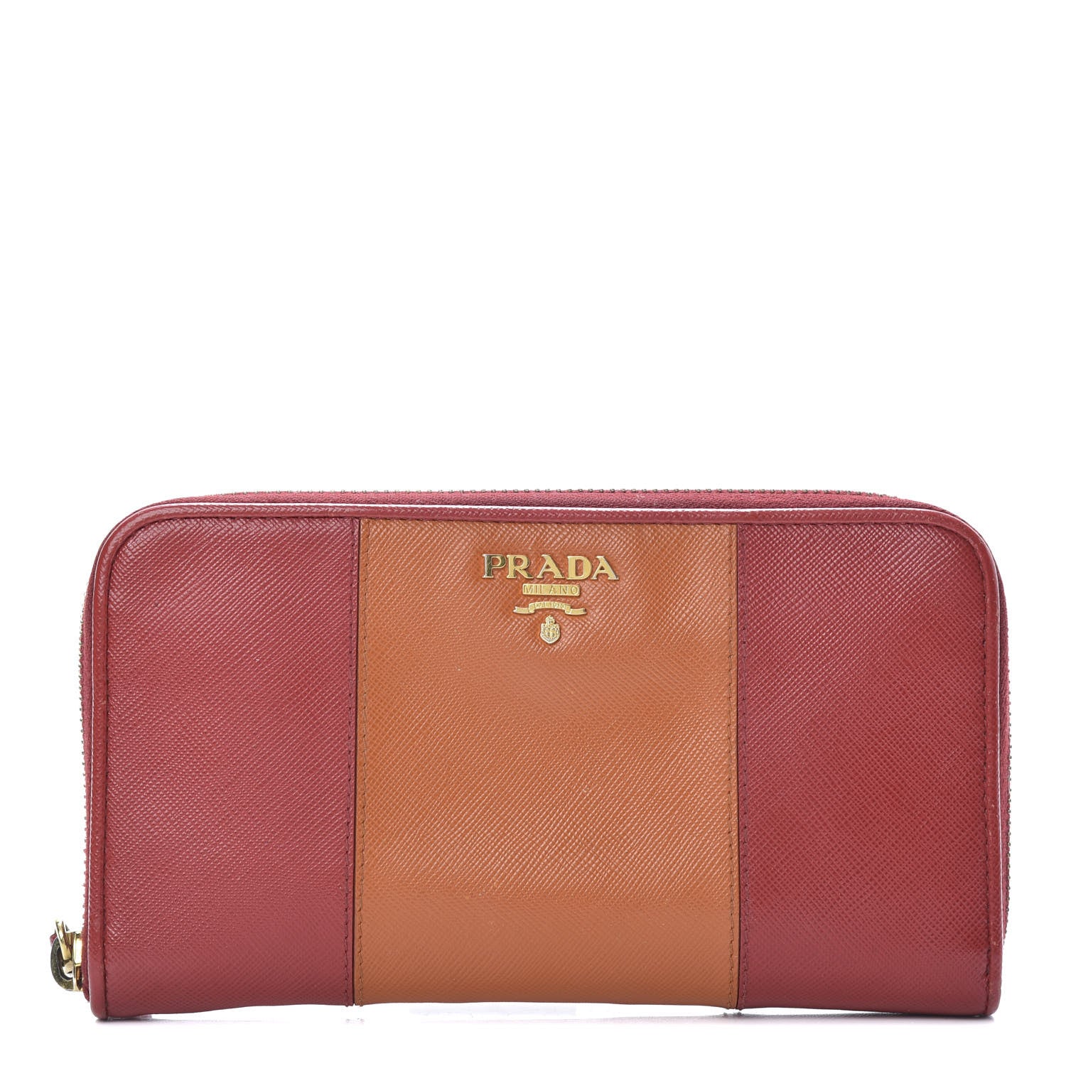Prada Saffiano Bi-Color Metal Zip Around Wallet Fuocco Papaya 1 of 13