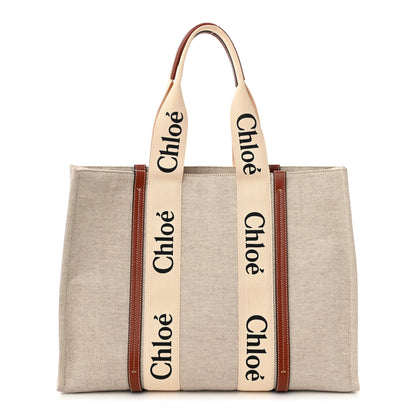 Chloe Cotton Calfskin Large Woody Ribbon Tote White Brown 1 of 9