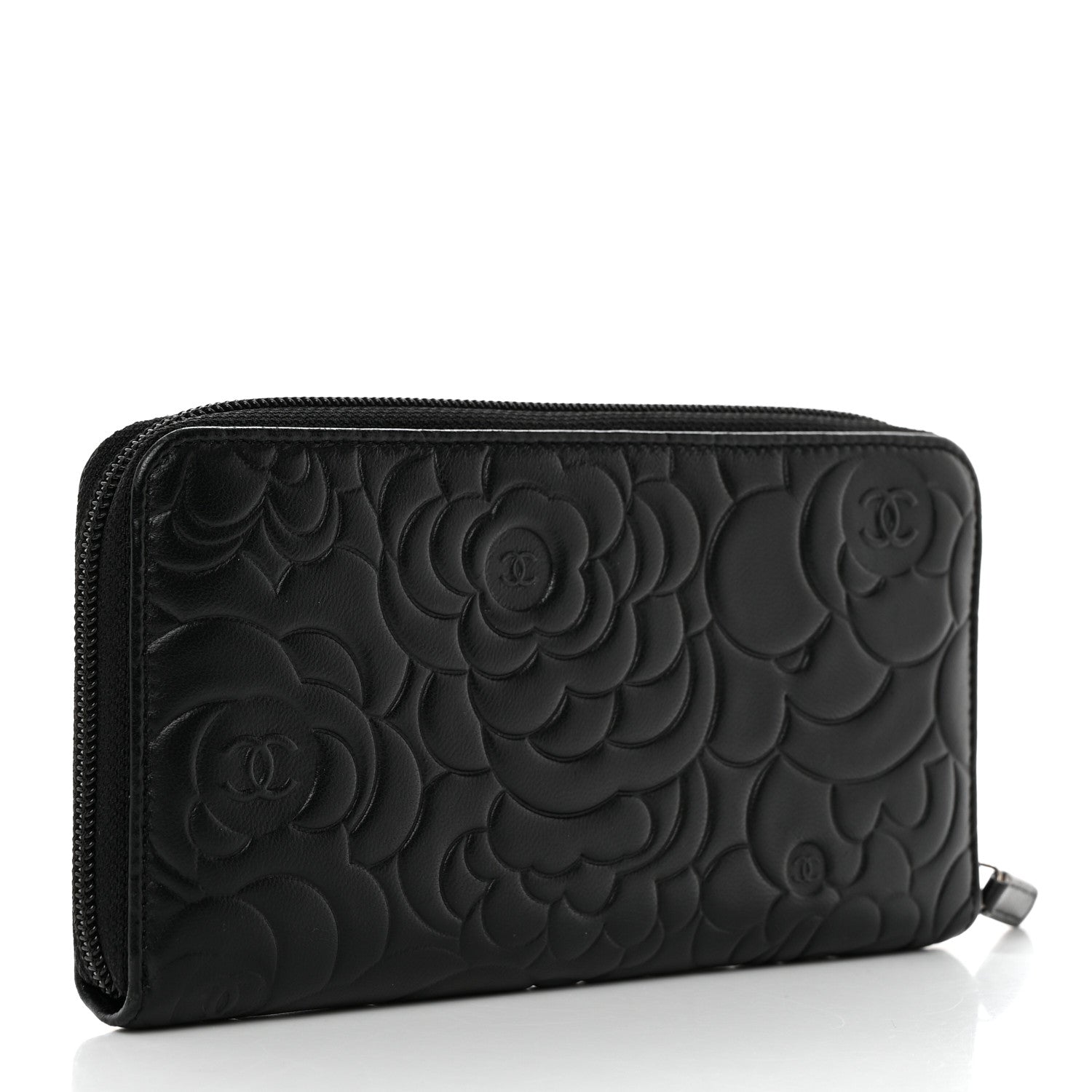 Chanel Lambskin Camellia Embossed Large Zip Around Gusset Wallet Black 3 of 8