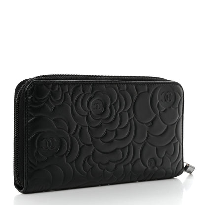 Chanel Lambskin Camellia Embossed Large Zip Around Gusset Wallet Black 3 of 8
