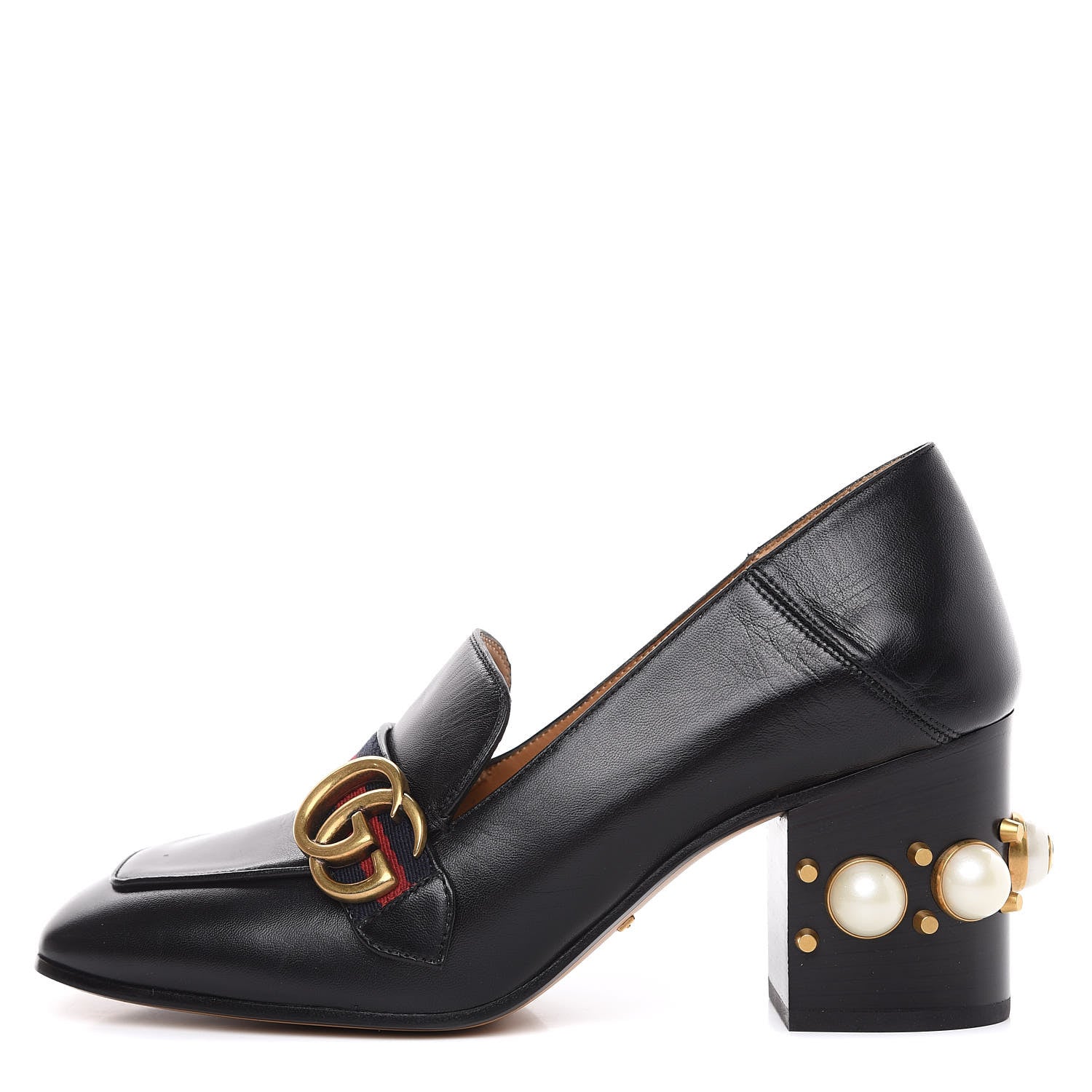 Gucci Malaga Kid Web Pearl Embellished Peyton 75mm Loafer Pumps 38.5 Black 1 of 10