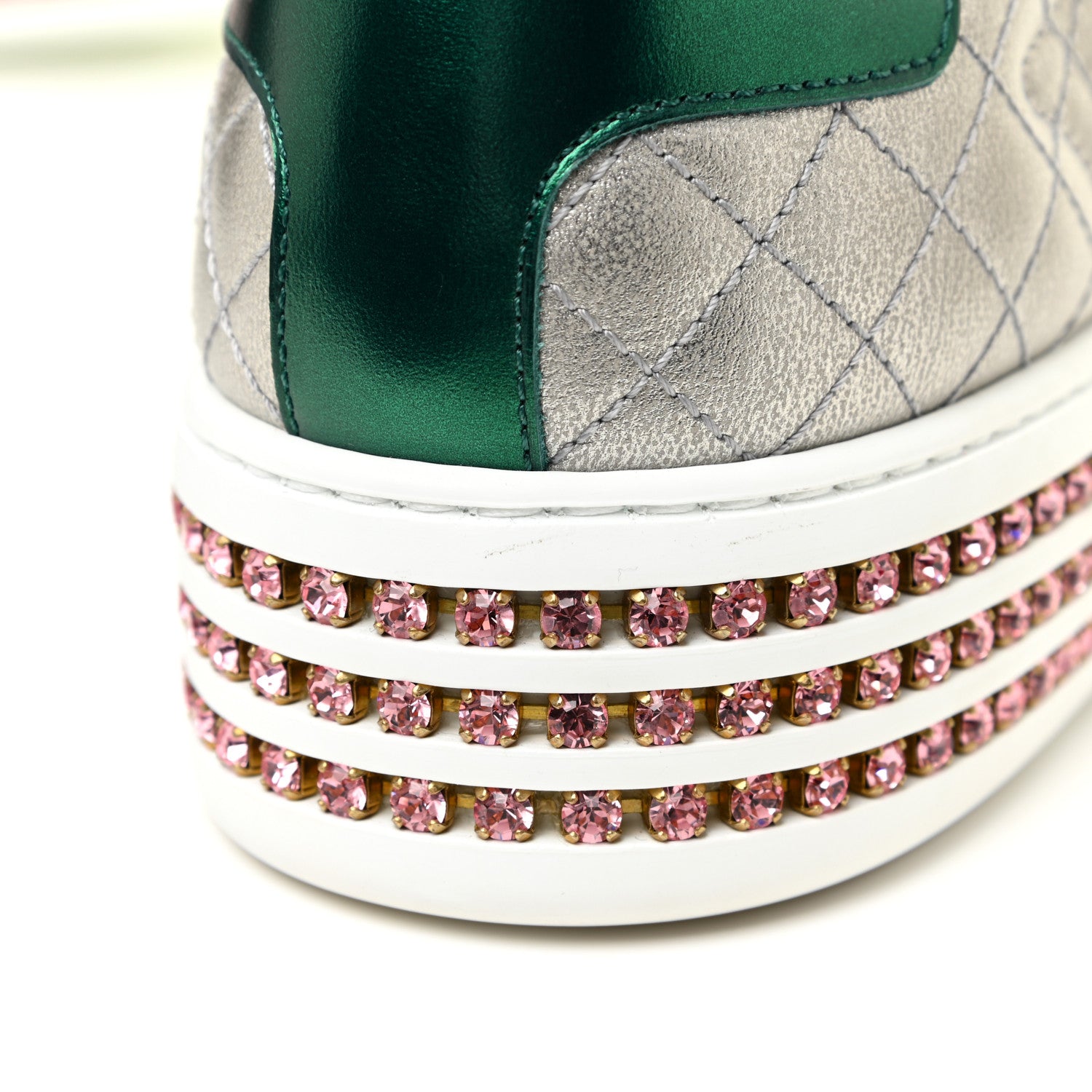 Gucci Laminated Nappa Crystal Web Bee Embroidered Trapuntata Womens Ace Platform Sneakers 38.5 Argento 15 of 16