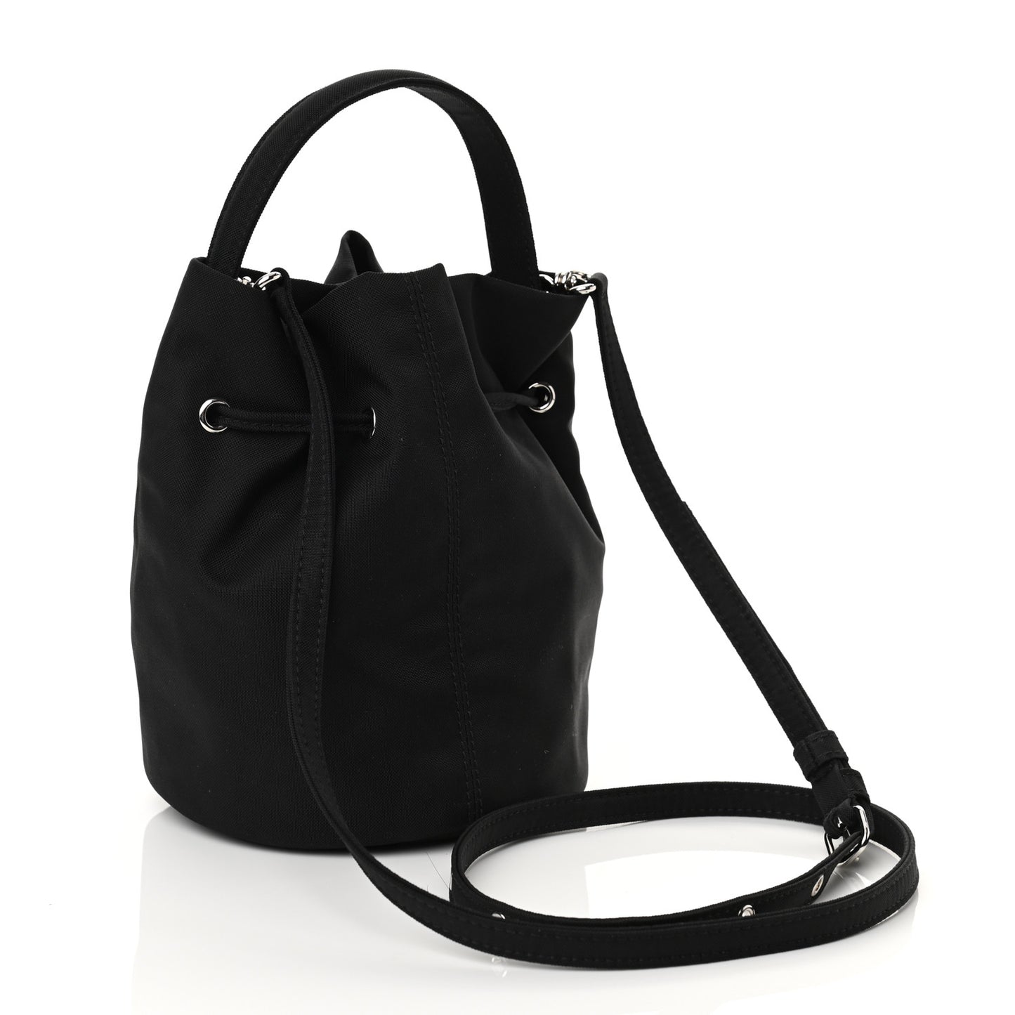Recycled Sport Nylon Logo Embroidered Wheel Drawstring Bucket Bag Black Pink