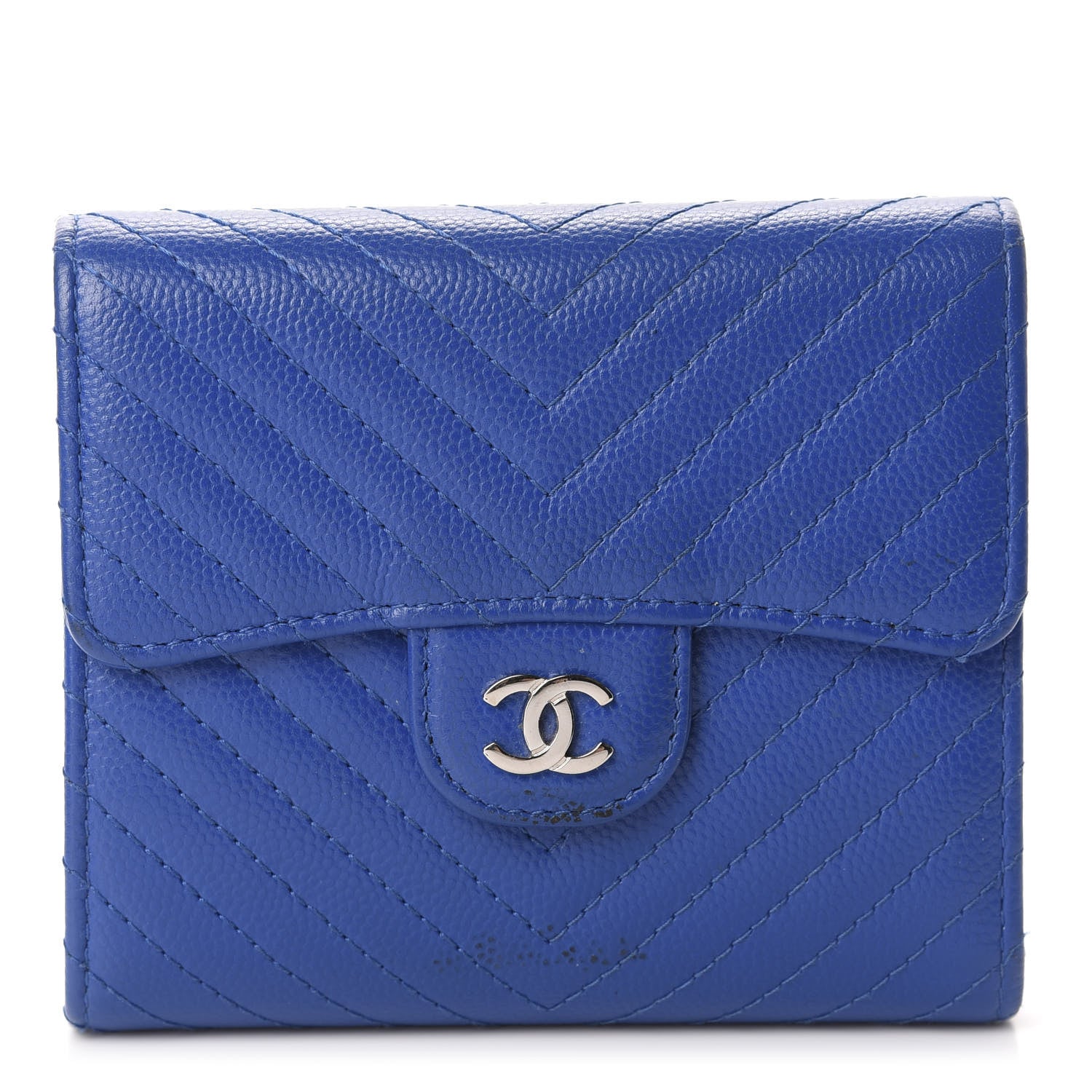 Chanel Caviar Chevron Quilted Compact Flap Wallet Bright Blue 1 of 10