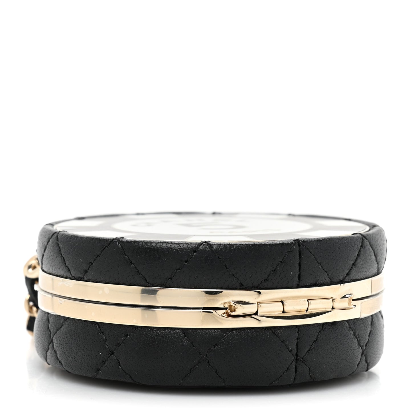 Lambskin Enamel Quilted Round Poker Chip Clutch With Chain Black White