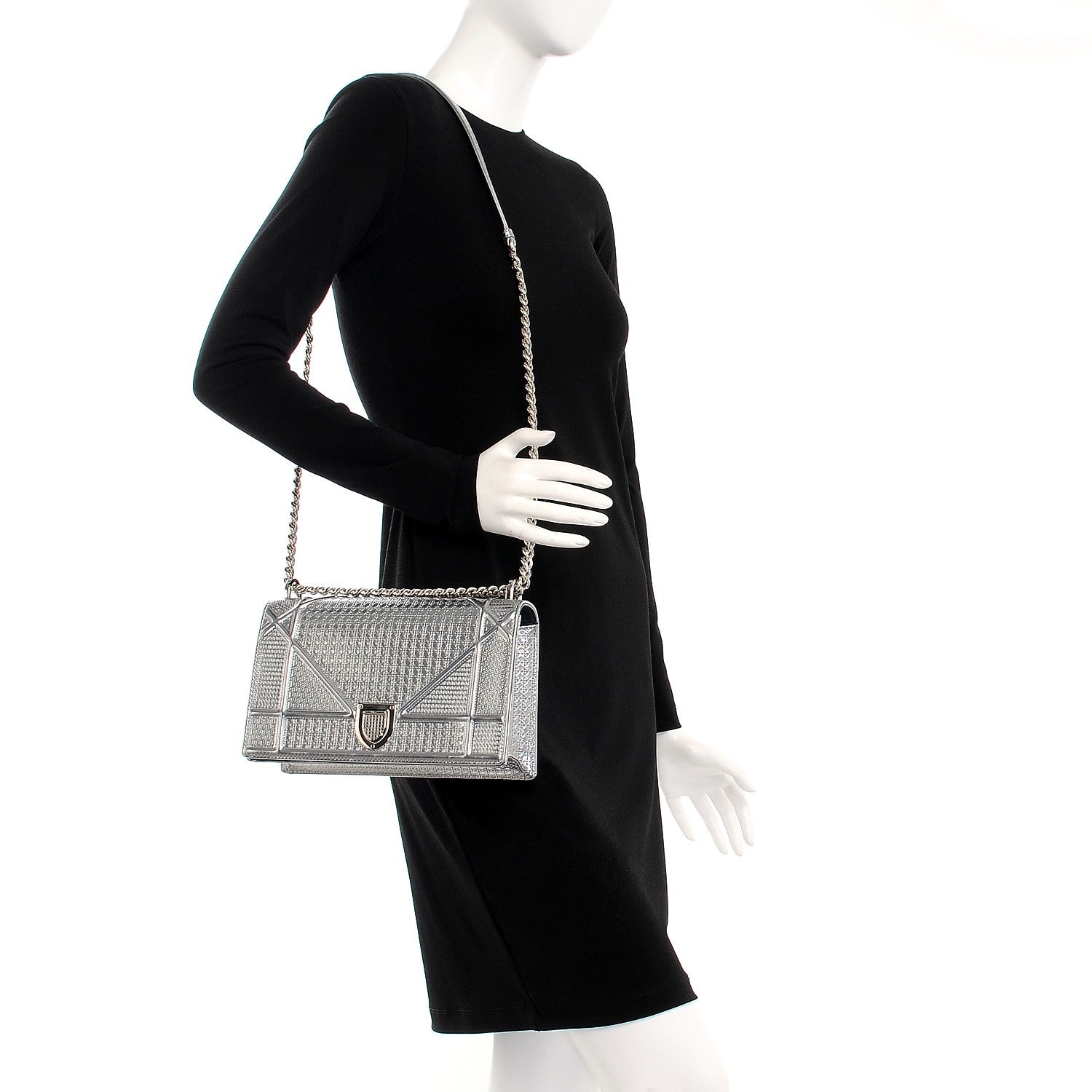 Christian Dior Metallic Patent Micro-Cannage Medium Diorama Flap Bag Silver 2 of 7