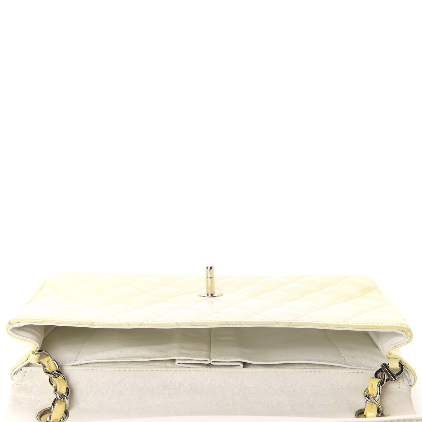 Distressed Patent Calfskin Quilted East West Flap Clutch Ivory