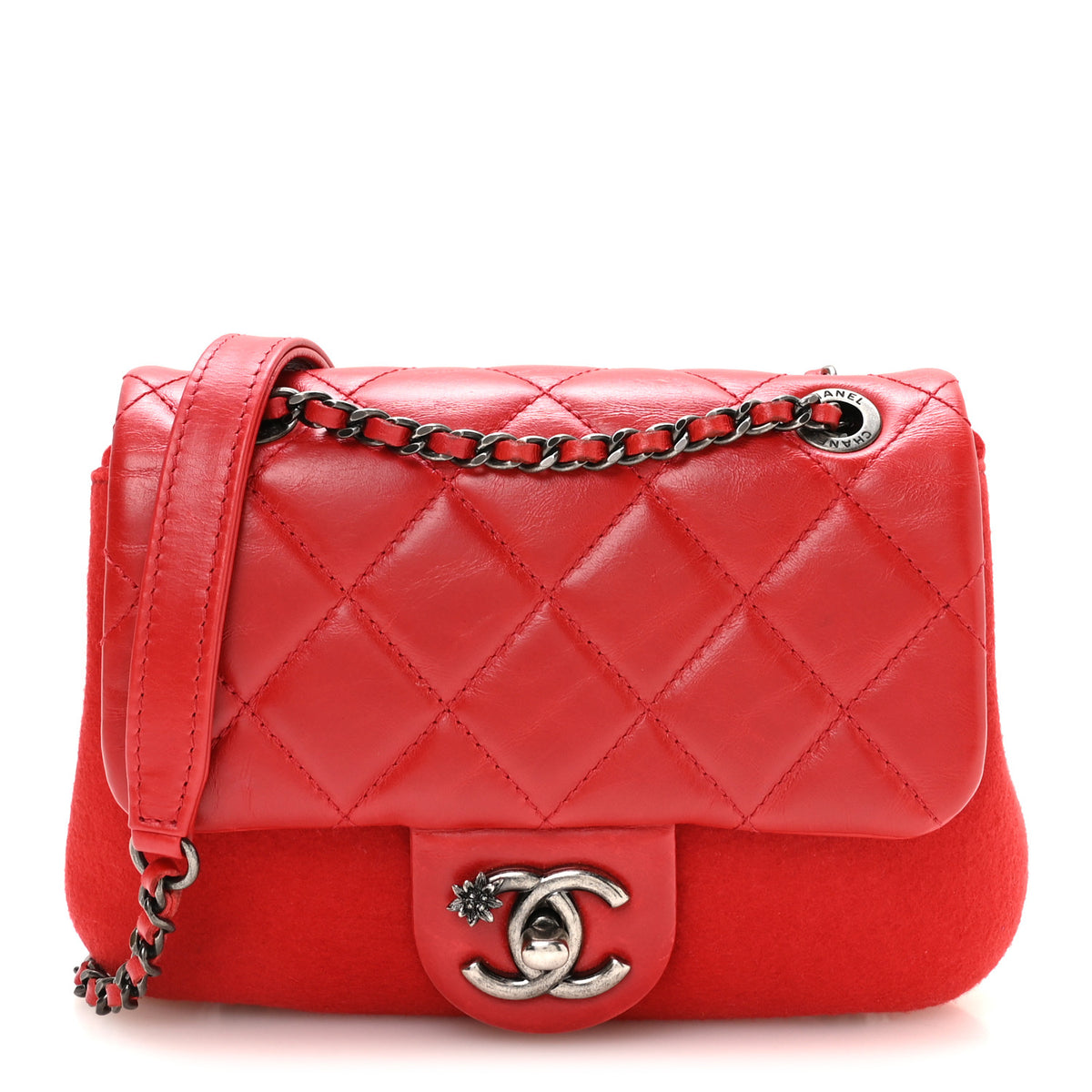 Felt Glazed Calfskin Quilted Edelweiss Flower Flap Red