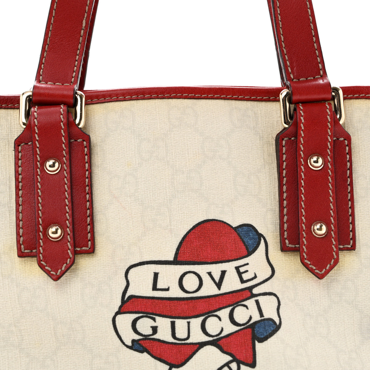 Gucci GG Plus Monogram Small Jolicoeur Tattoo Heart Tote Off White Red 8 of 14