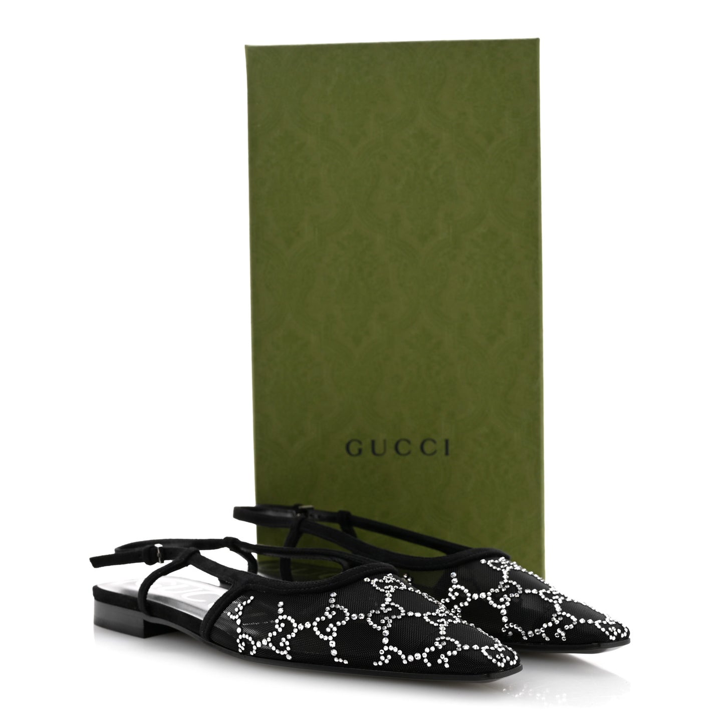 Tela Retino Kid Scamosciato Crystal GG Monogram Square Demi Ballet Flats 36.5 Black