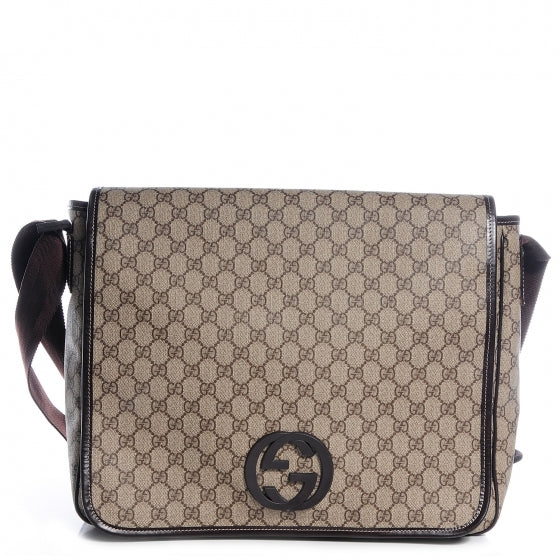 GG Supreme Monogram Large Interlocking G Flap Messenger Bag Beige Dark Brown