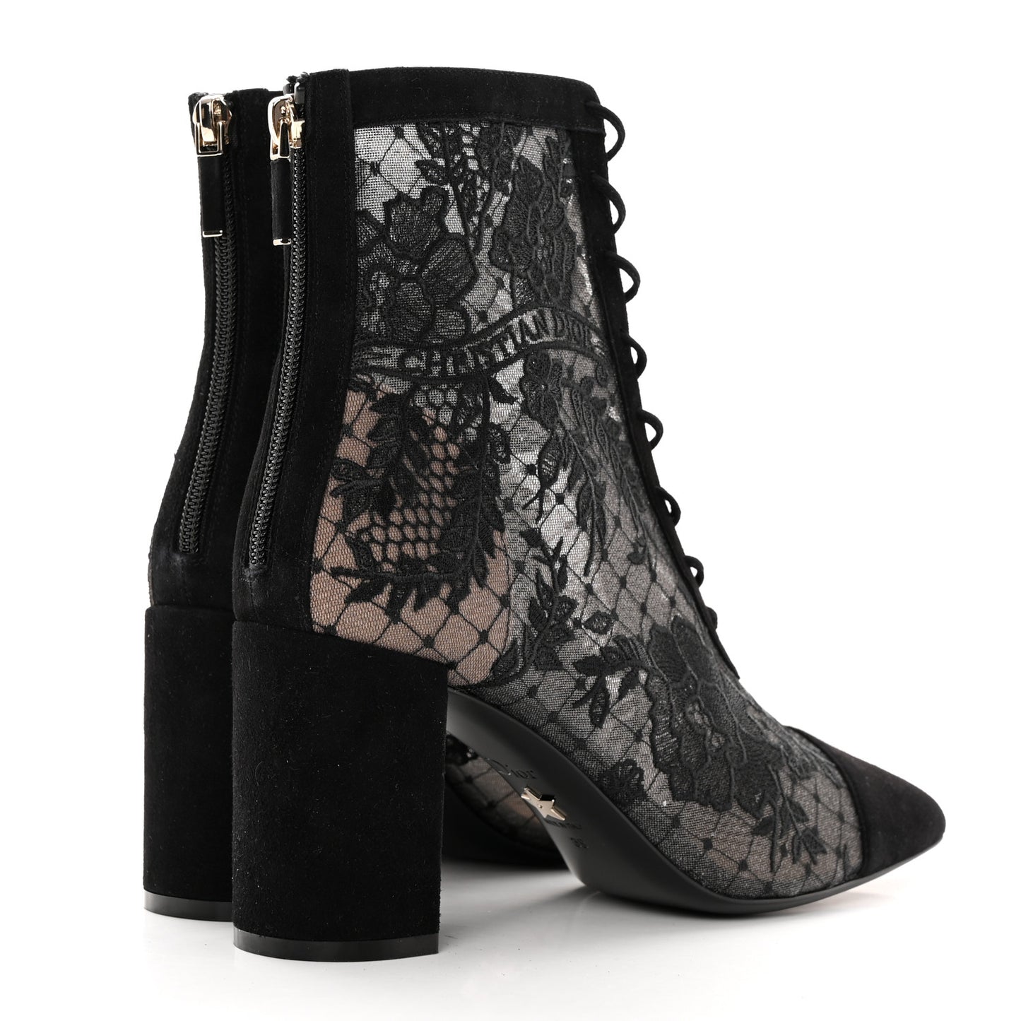 Suede Transparent Mesh Embroidered Roses Naughtily-D Heeled Lace Up Ankle Boots 39 Black