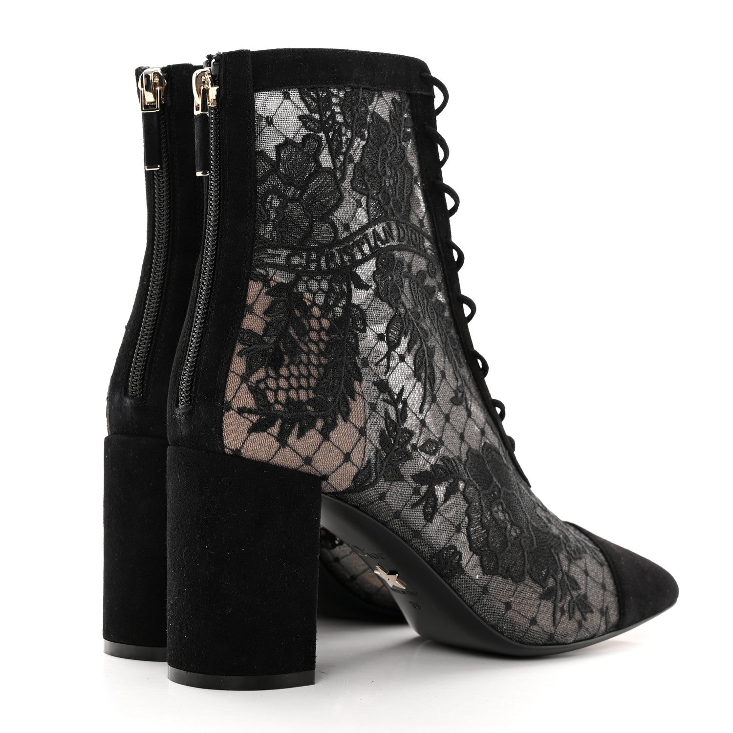 Christian Dior Suede Transparent Mesh Embroidered Roses Naughtily-D Heeled Lace Up Ankle Boots 39 Black 4 of 10