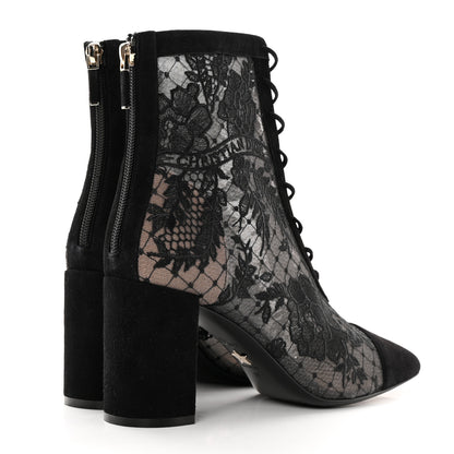 Christian Dior Suede Transparent Mesh Embroidered Roses Naughtily-D Heeled Lace Up Ankle Boots 39 Black 4 of 10