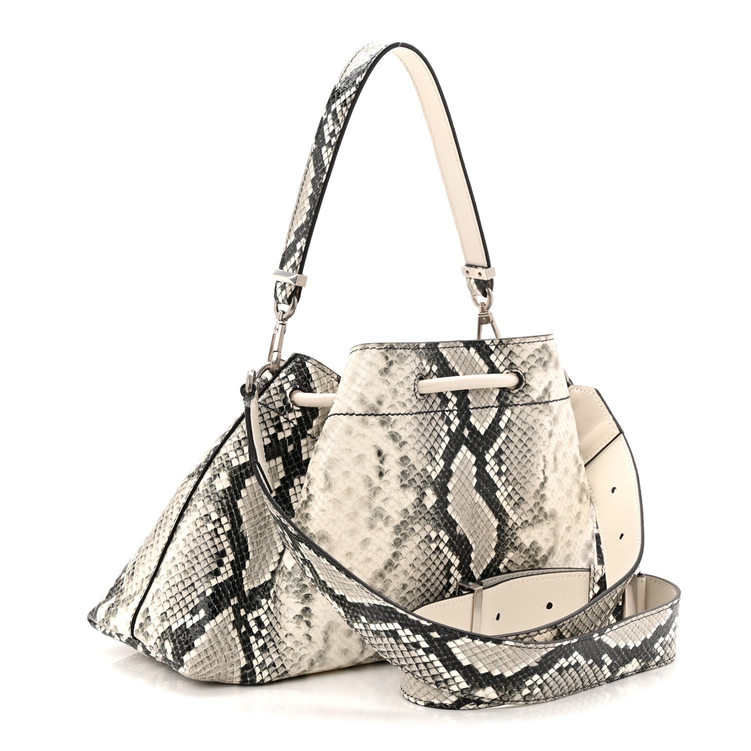 Jimmy Choo Calfskin Snakeskin Embossed Cinch M Bucket Bag Neutral