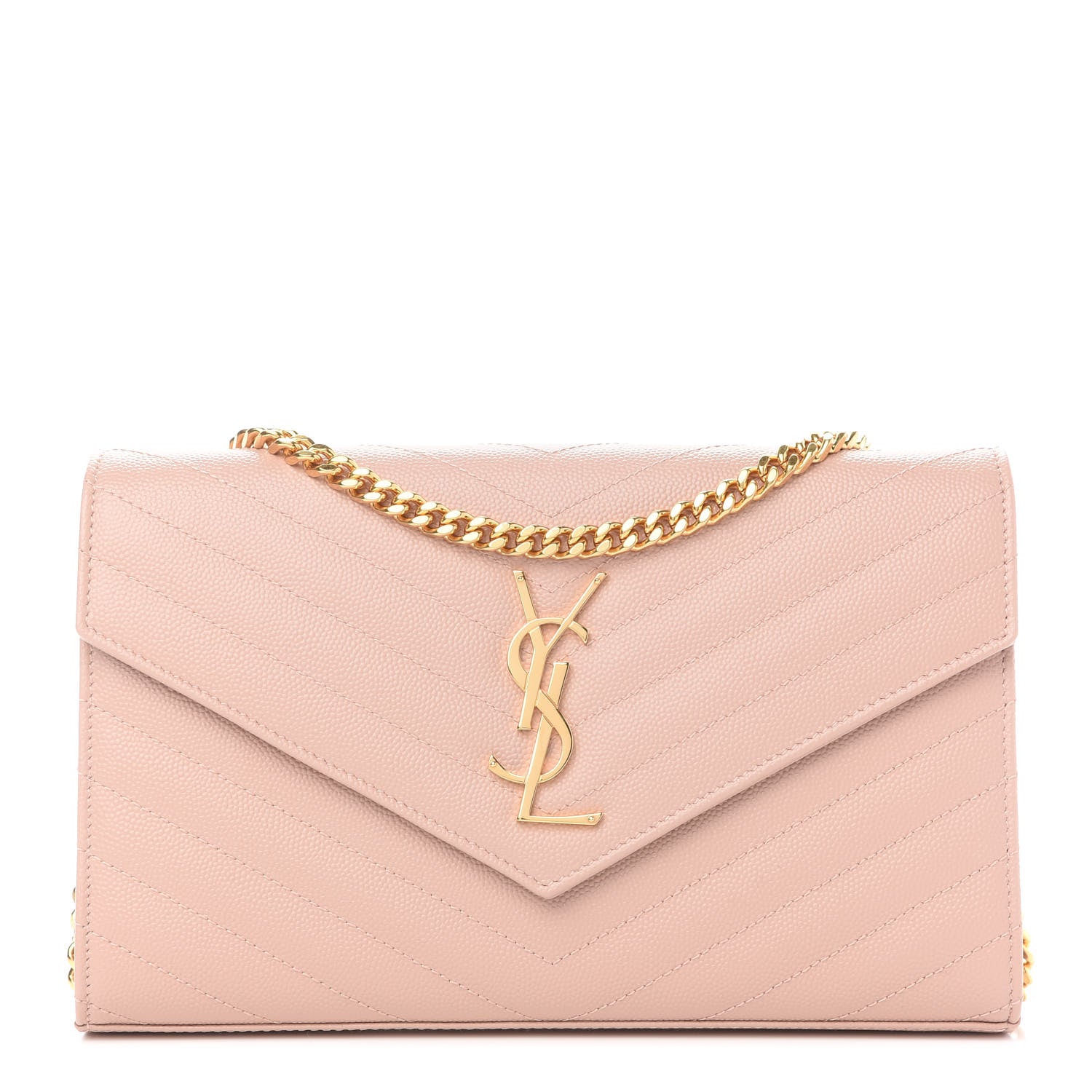 Saint Laurent Grain De Poudre Matelasse Chevron Monogram Chain Wallet Pale Pink 1 of 9