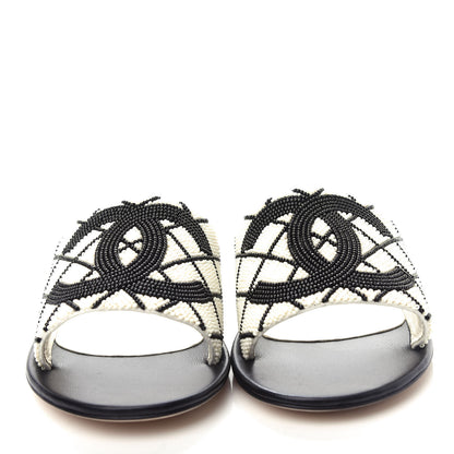Chanel Pearl Embroidery Flat Sandals 38.5 White Black 5 of 11