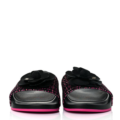 Chanel Tweed Grosgrain Camellia CC Flat Mules 37 Black Pink 2 of 8