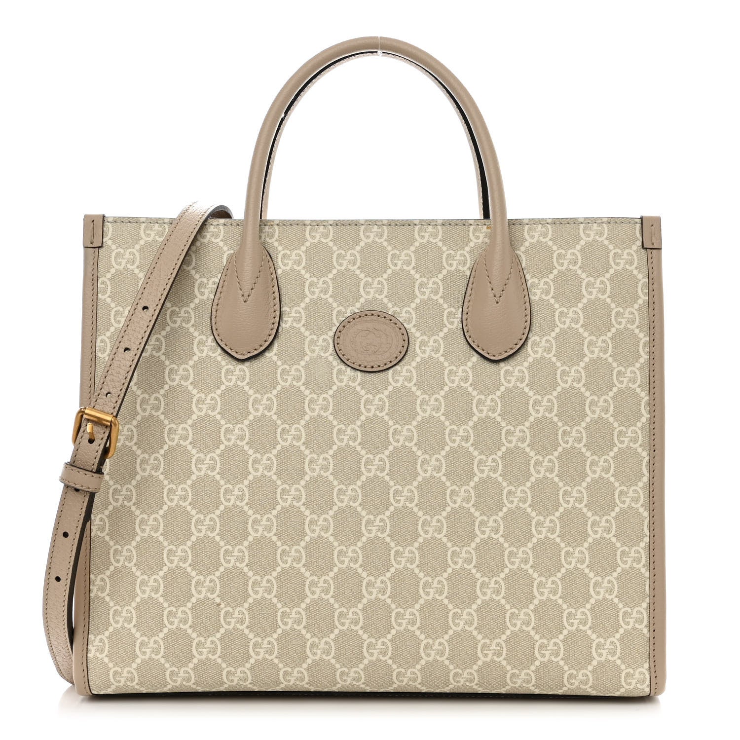 Gucci GG Supreme Monogram Textured Dollar Calfskin Small Retro Interlocking G Tote Bag Beige Mystic White Oatmeal 1 of 12