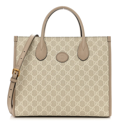 Gucci GG Supreme Monogram Textured Dollar Calfskin Small Retro Interlocking G Tote Bag Beige Mystic White Oatmeal 1 of 12