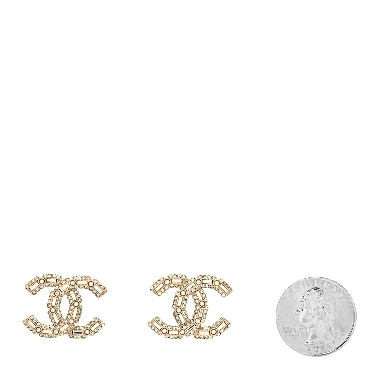 Crystal Baguette Pearl CC Earrings Gold Pearly White
