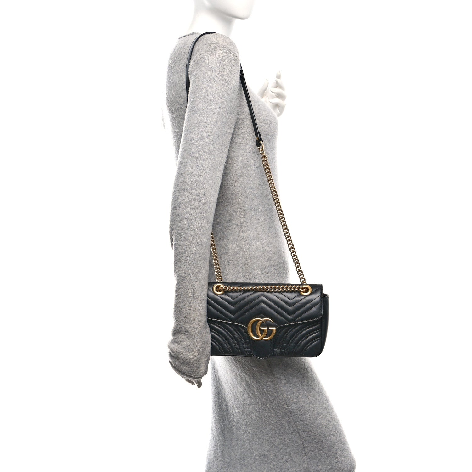 Gucci Calfskin Matelasse Small GG Marmont Shoulder Bag Black 2 of 11