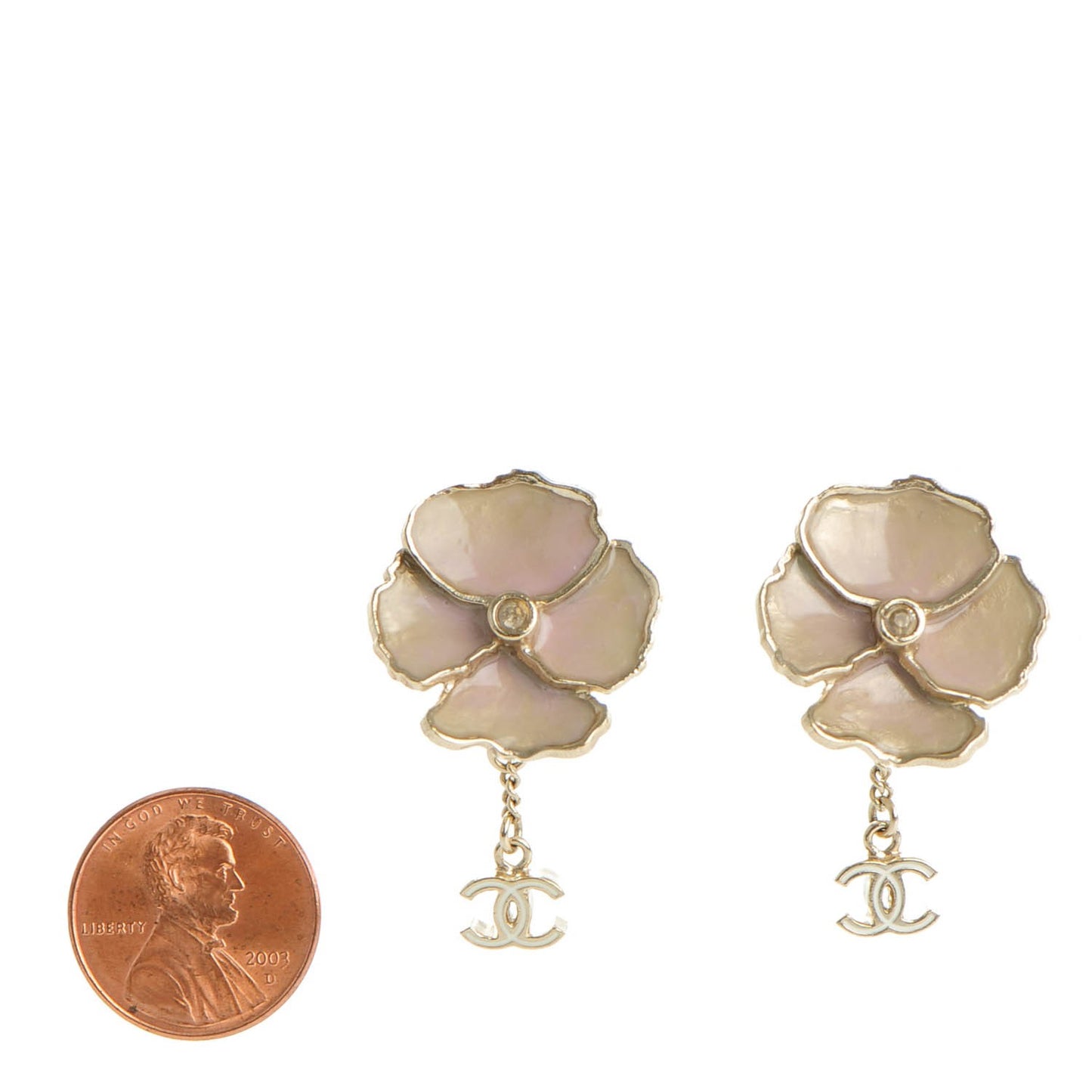 Enamel Crystal CC Camellia Drop Clip On Earrings Pink Gold