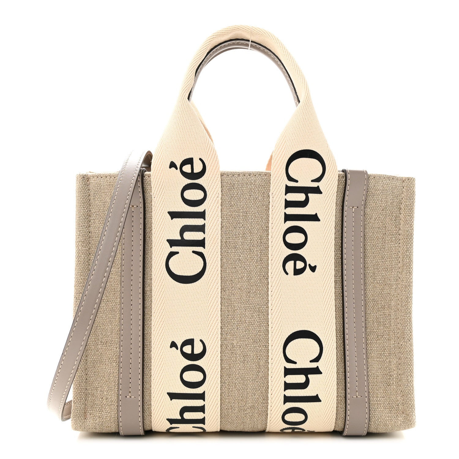 Chloe Linen Calfskin Small Woody Ribbon Tote With Strap White Grey 1 of 10